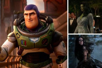 Clockwise from main: Chris Evans voices Buzz in Lightyear, Tatiana Maslany in She-Hulk: Attorney At Law and Amber Midthunder in Prey.
