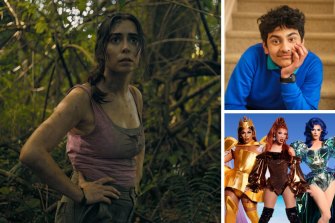 Clockwise from main: Cristin Milioti in The Resort, Kenus Binu impresses as the young Pax in Raised by Refugees and some of the competitors on RuPaul’s Drag Race Down Under.