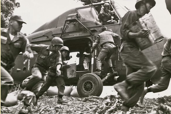 A US Marine helicopter delivers supplies to South Vietnamese soldiers fighting the communist north during the Vietnam War in 1962.