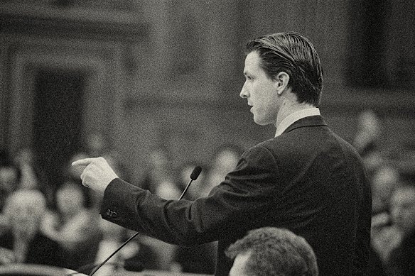 Newsom as a member of the San Francisco Board of Supervisors at City Hall in 2001. 