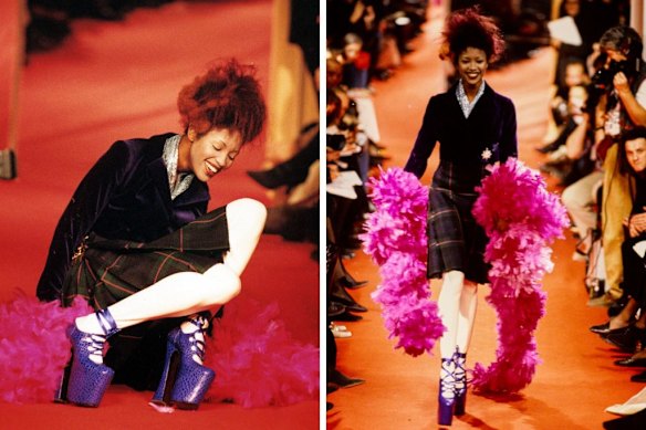 Naomi Campbell takes a tumble during the launch of Vivienne Westwood’s Anglomania collection in 1993.
