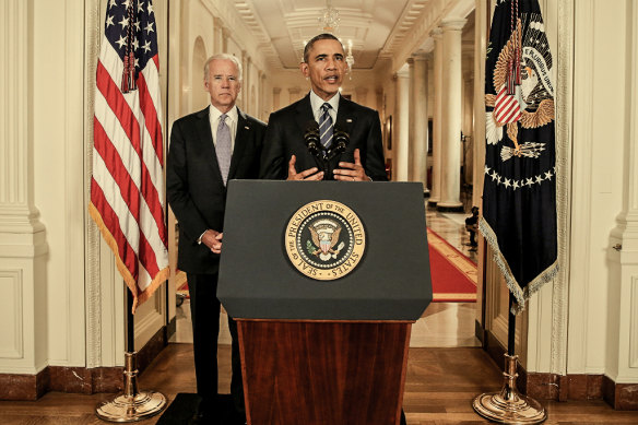 Then US president Barack Obama, flanked by then vice-president Joe Biden, in the White House after the Iran nuclear deal was reached in July 2015.