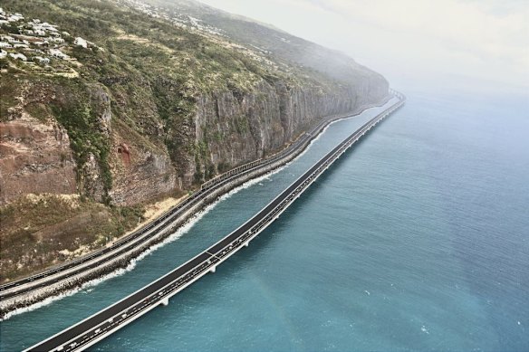 The coastal viaduct section of a highway on Reunion Island that links the two main cities, Saint-Denis and La Possession. 