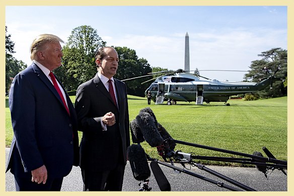 Alex Acosta, accompanied by Trump, announces in 2019 his resignation as labour secretary, after heightened scrutiny of his role as a Florida attorney years earlier when he oversaw misconduct charges against Epstein.