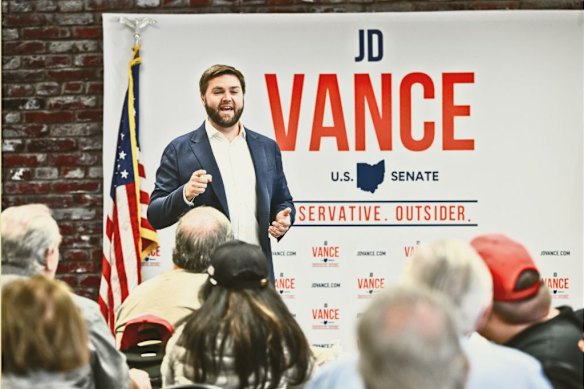 With an endorsement from Donald Trump for his Senate candidacy in 2022, Vance speaks with voters in his hometown of Middletown, Ohio, his banner describing him as “conservative” and an “outsider”.  