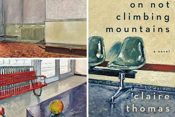 The cover of Claire Thomas’ On Not Climbing Mountains, inspired in part by Jean-Frédéric Schnyder’s Wartsaal (Waiting Room) series, including Murten (top left) and Dottikon-Dintikon.