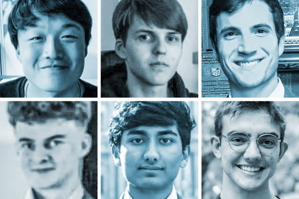 Software engineers enlisted to work for DOGE and Elon Musk’s cost-cutting effort, left to right: Ethan Shaotran, 22, Luke Farritor, 23, Gavin Kliger, 25, Edward Coristine, 19, Akash Bobba, 21, Gautier Cole Killian, 24.