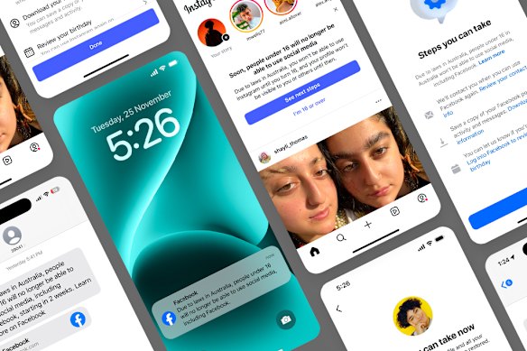 Messages Meta will send to account holders it suspects are under 16 before the social media ban starts on December 10.