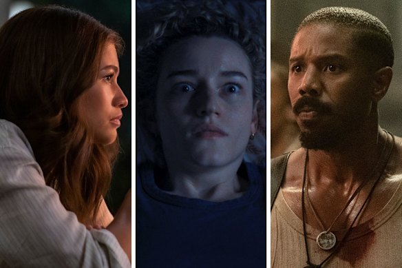  from left, Zendaya in Challengers, Julia Garner in Weapons and Michael B. Jordan in Sinners. 