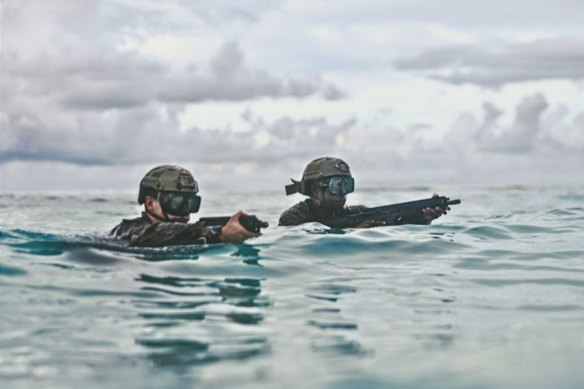 US marines perform exercises off Diego Garcia in March 2026.