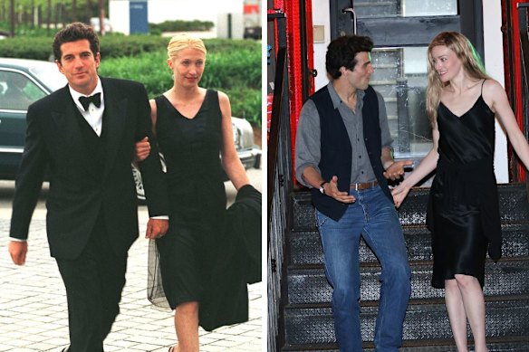 John F. Kennedy Jr and Carolyn Bessette Kennedy (left) and Paul Kelly and Sarah Pidgeon as the pair filming Love Story.