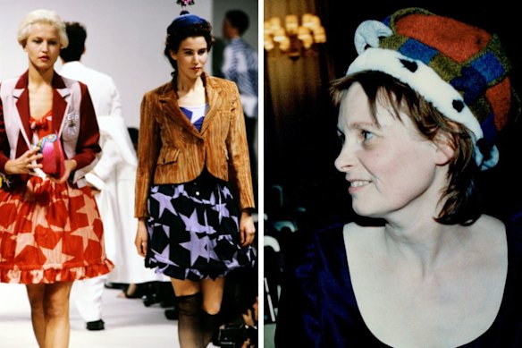 From left, two looks from Vivienne Westwood’s Mini-Crini collection of 1985; the designer wearing Stephen Jones’ Harris Tweed crown in 1987.