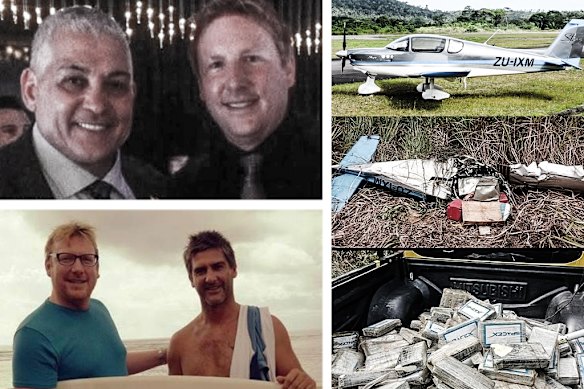 Timothy Clark with Mick Gatto (top left) and Rick Olarenshaw (bottom left) and the scene of the crash in Brazil (right).