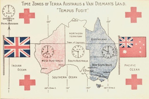  A 1907 postcard of time zones in Australia.