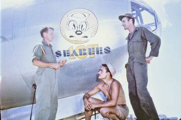 A Boeing B-29 Superfortress bomber painted with Seabees (Construction Battalion) artwork on Tinian Island in the Northern Mariana Islands in March 1945.