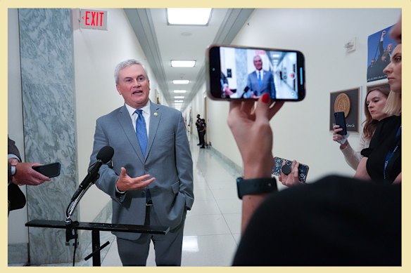 Republican James Comer, who is chairman of the House oversight committee, speaks to reporters during a break in the deposition of former attorney-general Bill Barr.