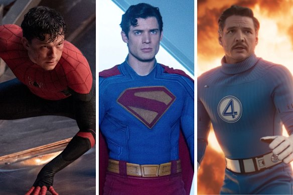  from left, Tom Holland as Spider-Man, David Corenswet as Superman and Pedro Pascal as Mr Fantastic.
