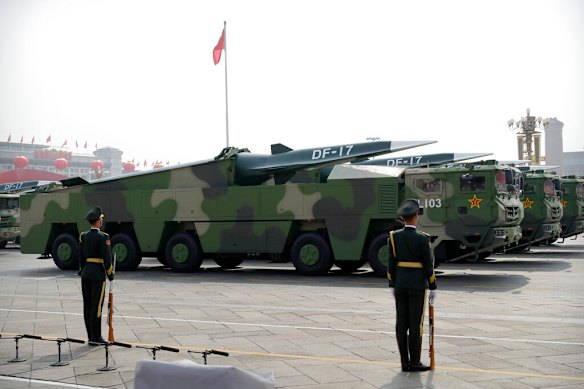 Chinese military vehicles carried weapons including a nuclear-armed missile designed to evade US defences as the Communist Party celebrated its 70th anniversary in power with a parade in Beijing in 2019.