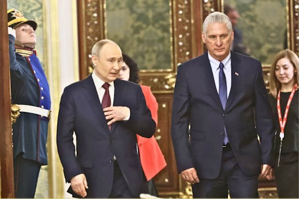 Cuba’s current president, Miguel Diaz-Canel, right, with Russian leader Vladimir Putin in Moscow in 2025.