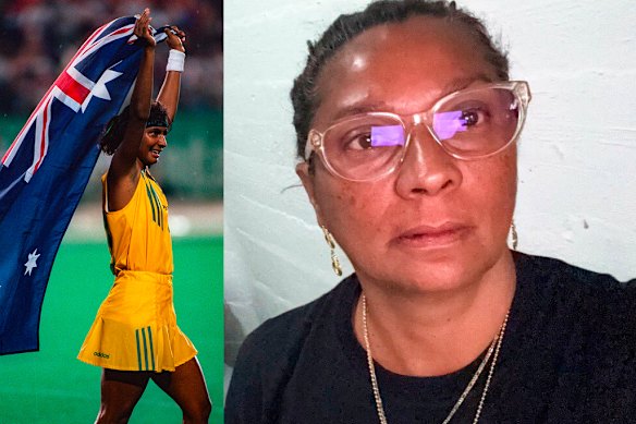 Nova Peris, pictured celebrating winning a gold medal at the 1996 Olympic Games (left) and taking cover in a bomb shelter in Israel last month. 