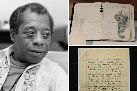 James Baldwin with items from the Schomburg Centre for Research in Black Culture.
