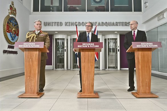 In May 2025, British Prime Minister Keir Starmer (centre), with General James Hockenhull (left) and Defence Secretary John Healey, announced he had signed an agreement to return the Chagos Islands to Mauritius in return for continued use of the military base there. The deal was ultimately blocked. 