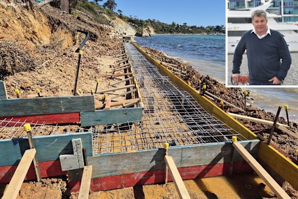 Frankston South home owner Gene Neill (inset) says he built on the beach in front of his property because he needs a seawall to stop erosion.