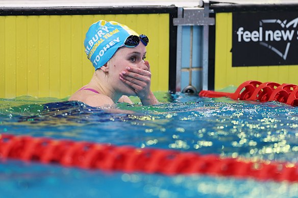 Stunned: Sienna Toohey after smashing her personal best in the women’s 100m breaststroke final at the Australian trials. 