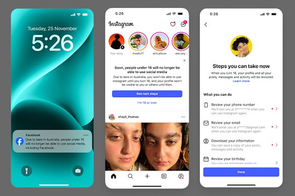 Messages Meta will send to account holders it suspects are under 16 before the social media ban starts on December 10.