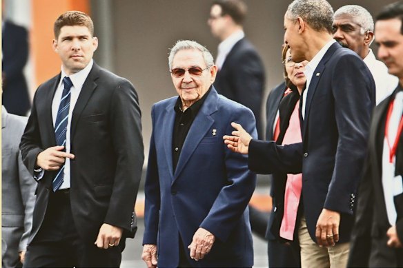 Raul Castro (centre) and his grandson Raul Guillermo Rodriguez Castro (left) with US president Barack Obama who visited the island in 2016.