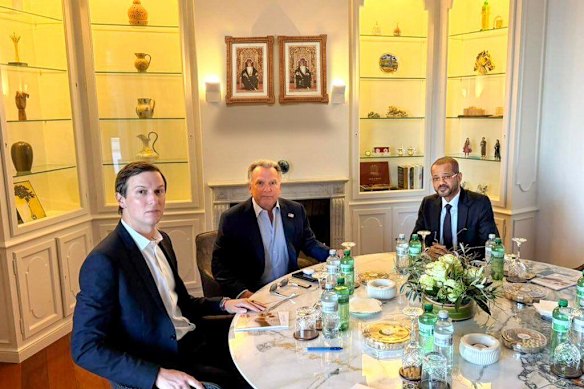 White House special envoys Jared Kushner (left) and Steve Witkoff (centre) with Omani Foreign Minister Sayyid Badr bin Hamad Al Busaidi in Geneva.