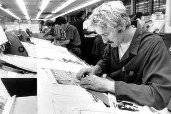 The paste-up area of the composing room at the Herald Broadway offices in Jones Street, Ultimo in 1984.