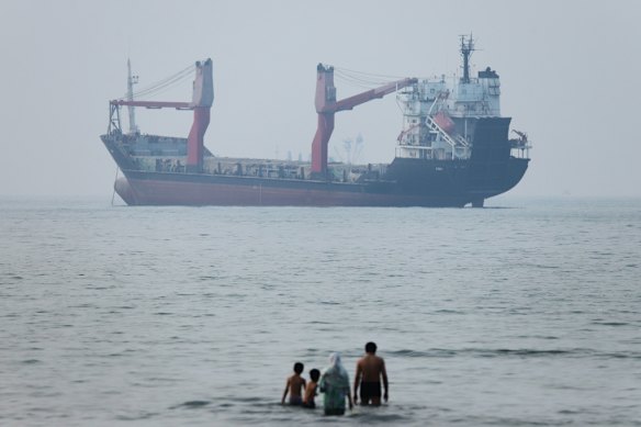 A group of people stands in shallow water as a cargo ship appears anchored in the Strait of Hormuz.