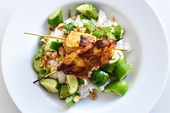 Satay chicken with cucumber salad and coconut rice is easy yet impressive.