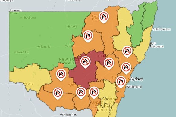 Total fire bans have been declared in 11 areas across the state on Wednesday, including in the Central West where a catastrophic warning has been issued.