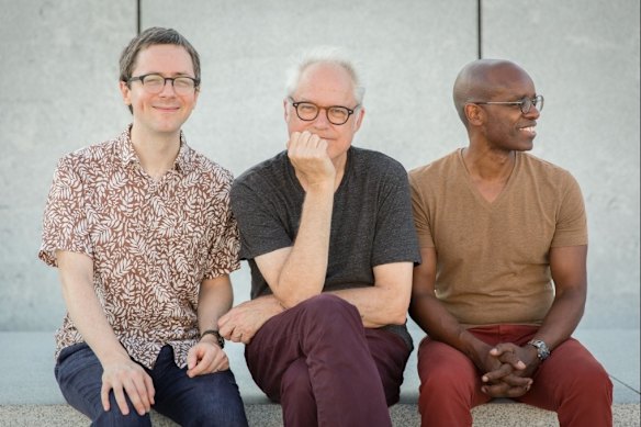 Jazz guitarist Bill Frisell (centre) with the other members of his trio, drummer Rudy Royston (right) and bassist Thomas Morgan (left). 