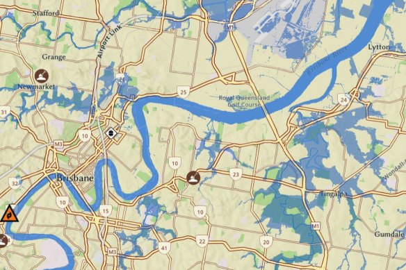 Brisbane City Council map showing areas at risk of storm surge and flooding as a result of Cyclone Alfred.