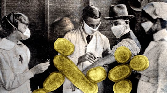 At the Hyde Park Innoculation Depot in Sydney a man is vaccinated against H1N1 virus that caused Spanish flu.