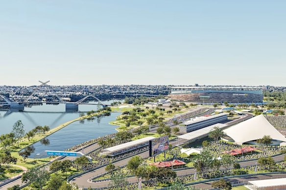 January artist impression of the Perth street circuit and amphitheatre on the Burswood peninsula.