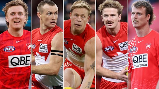 The five Sydney Swans players stood down over the alleged sexual assault investigation.