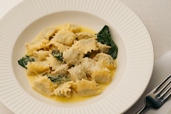Agnolotti del plin is filled with veal, guinea fowl and sage butter. Plin means to “pinch” and refers to the way the pasta is sealed.