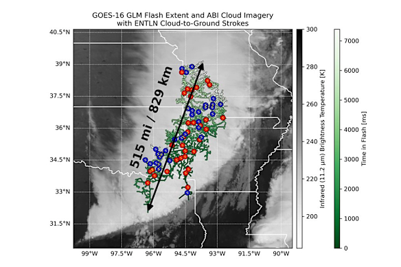Satellite image of the record lightning flash spanning 829 kilometres.