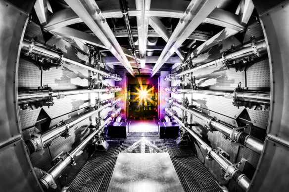 The inside of the Livermore National Ignition Facility’s preamplifier support structure for its laser technology.