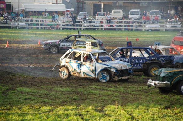 A previous demolition derby at the Walcha Showground. The date of the image is unknown.