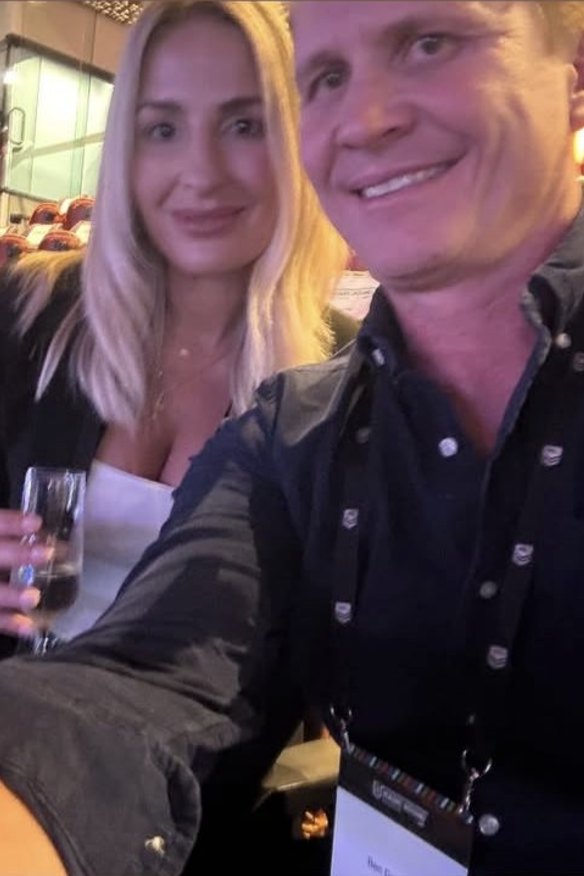 Perth Bears assistant coach Ben Gardiner and his partner in Brisbane for magic round 2026. The pair were guests of the NRL in a corporate box.