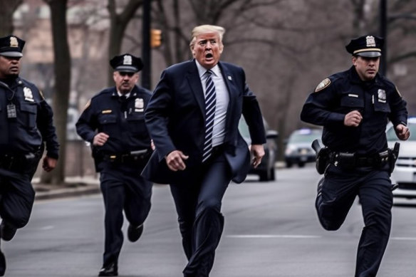An AI deepfake image by Eliot Higgins looks like a photo of Donald Trump.