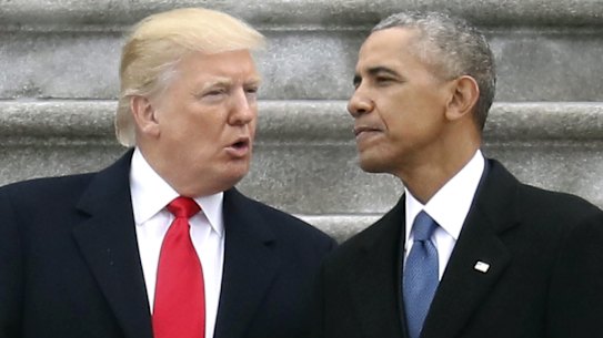 New President Donald Trump talks with former President Barack Obama on Capitol Hill as the reigns were handed over on January 20, 2017.