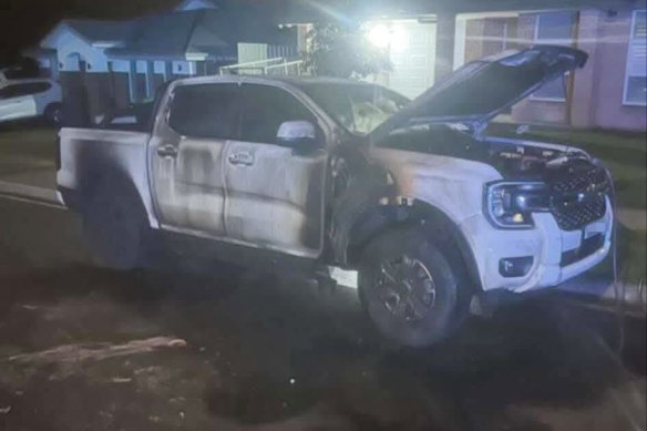 The torched ute belonging to a CFMEU organiser.