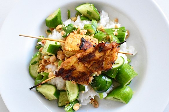 Satay chicken with cucumber salad and coconut rice is easy yet impressive.