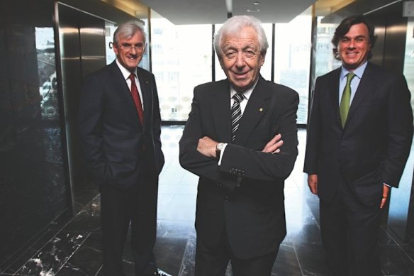 Sir Frank Lowy (centre) with sons Steven (left) and Peter.